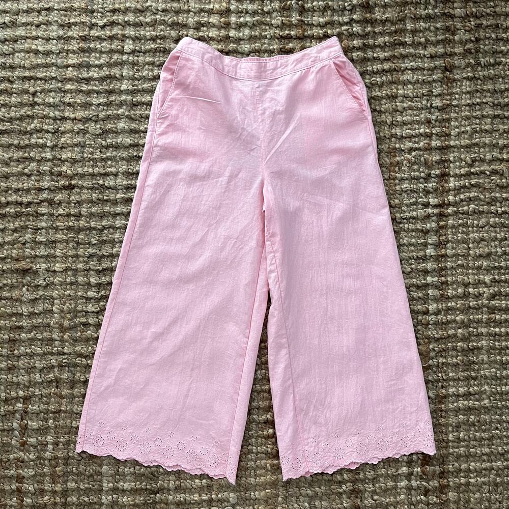 Laura Ashley Linen Blend Wide Leg Cropped Pants Pink Eyelet Hem M Cottagecore